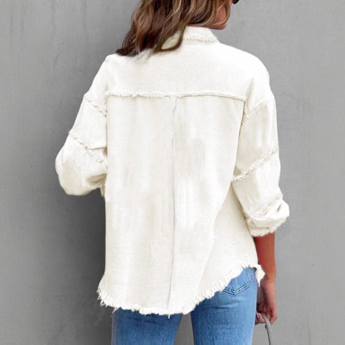 Women's Casual Denim Shirt-Style Jacket with Raw Edge and Snap Button Placket Amarae