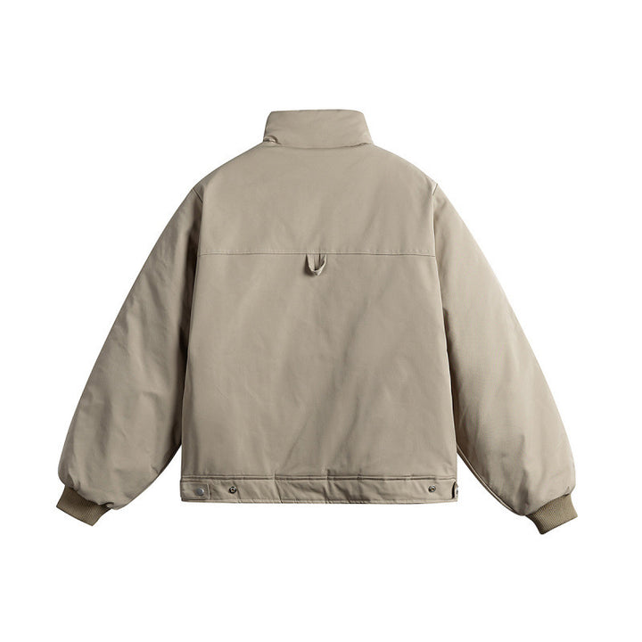 Unisex Boxy transitional jacket with high stand collar, contrasting panels and zip pockets Amarae