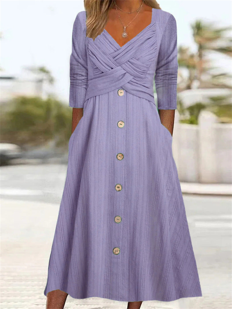 Women's button-down midi dress with elegant and stylish crossover top