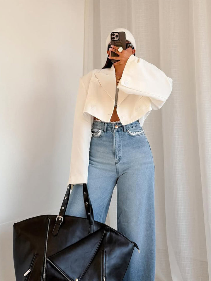 Women Cropped Boxy Short Blazer with Boxy Silhouette and Extra Long Sleeves Amarae