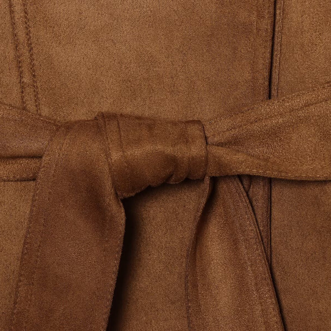 Women's tailored short jacket made of soft suede imitation with asymmetrical button placket and tie belt Amarae
