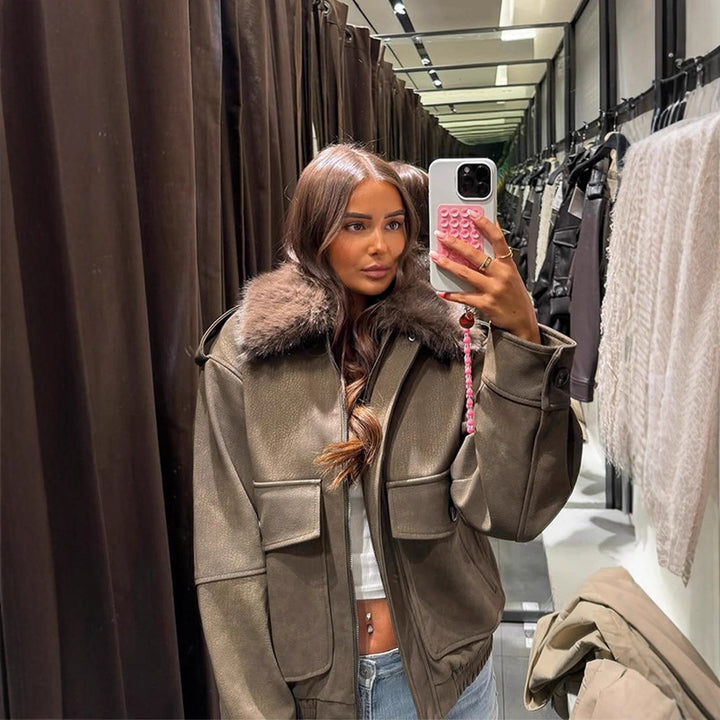Women's pilot jacket made of suede imitation with removable faux fur collar and patch flap pockets Amarae