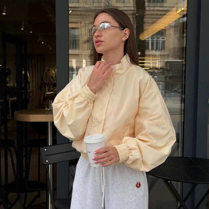 Women's Oversized Cropped Bomber Jacket with Stand Collar and Zipper