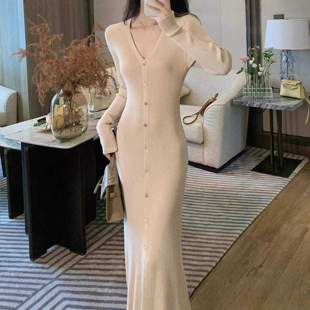 Ladies Elegant Maxi Dress with Button Details and Chic V Neckline and Style