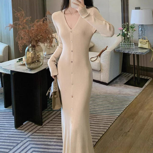 Ladies Elegant Maxi Dress with Button Details and Chic V Neckline and Style