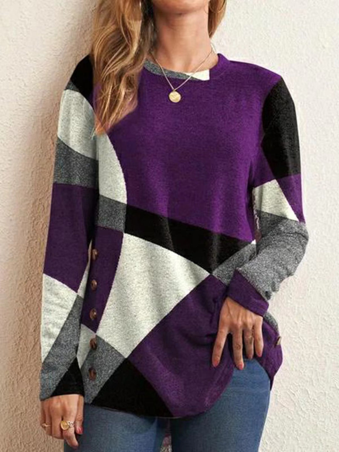 Women's fine knit sweater with geometric color block and decorative buttons Amarae