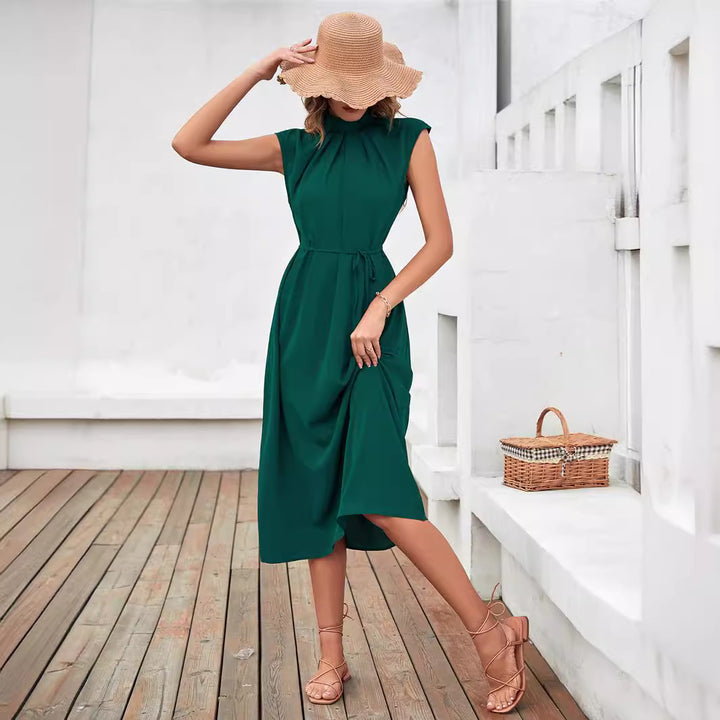 Ladies Elegant Midi Dress with Tied Belt and Classic Collar Lune London
