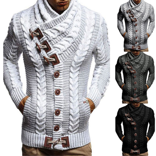Men's chunky knit jacket with creative shawl collar and button details Amarae
