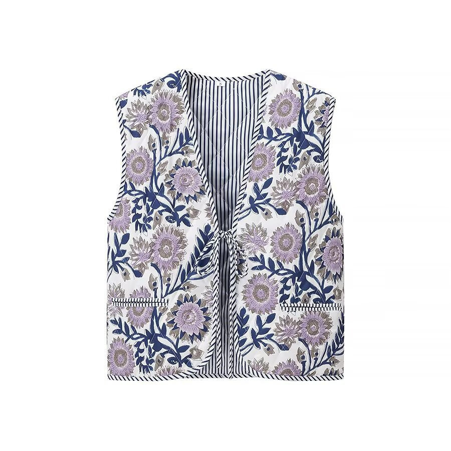Women's Padded Quilted Vest with Floral Allover Print, Tie Belt and Decorative Piping Amarae