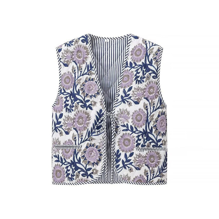 Women's Padded Quilted Vest with Floral Allover Print, Tie Belt and Decorative Piping Amarae