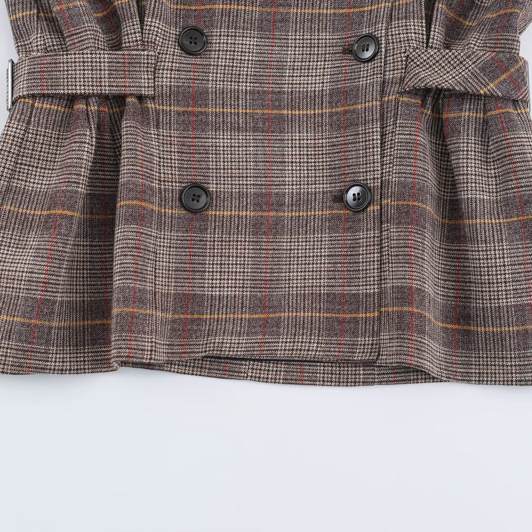 Ladies Short Double-Breasted Tailored Check Jacket with Stand Collar and Waist Straps Amarae