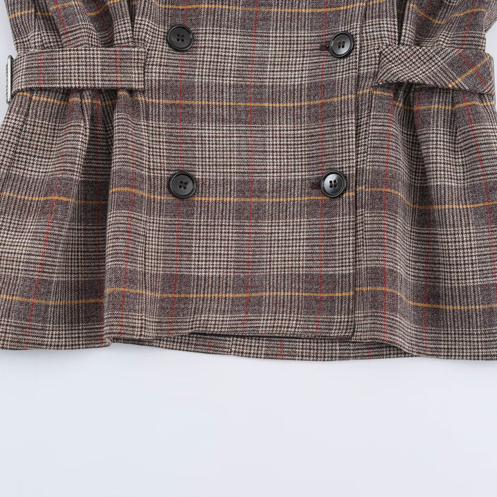 Ladies Short Double-Breasted Tailored Check Jacket with Stand Collar and Waist Straps Amarae