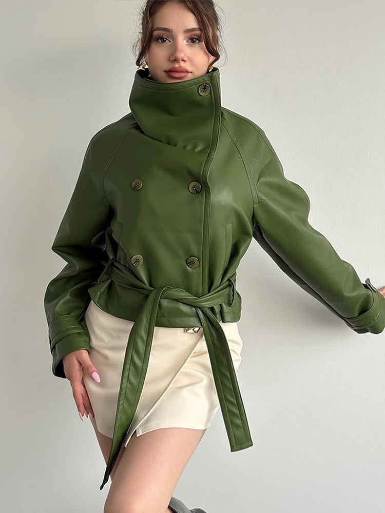 Women Tailored Short Blouson Jacket made of Imitation Leather with High Stand-up Collar and Ties Belt Amarae