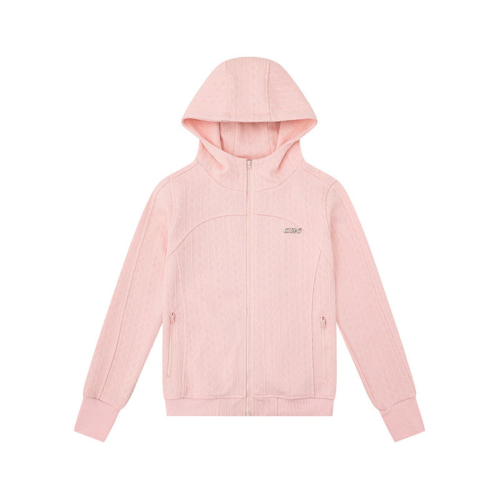 Women's hooded cardigan with cable knit pattern, full zip and side pockets Amarae