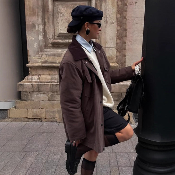 Women's Boxy Utility Short Coat with Contrast Collar and Patch Pockets Amarae