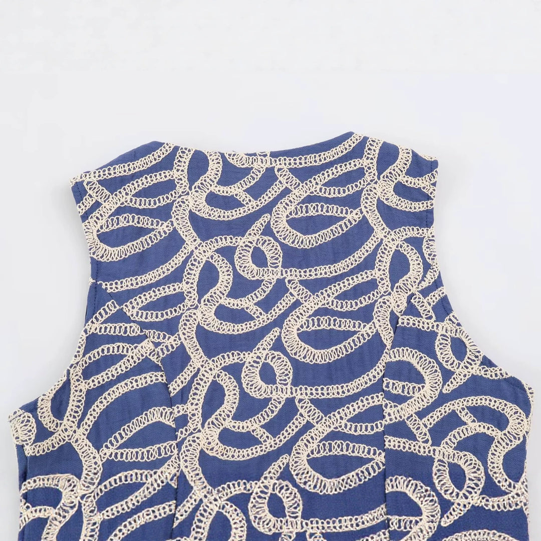 Women Tailored Short Vest with V-Neck and Decorative Embroidery Amarae