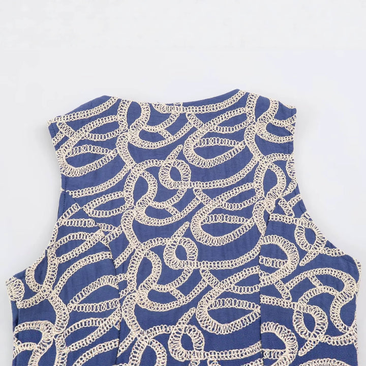Women Tailored Short Vest with V-Neck and Decorative Embroidery Amarae