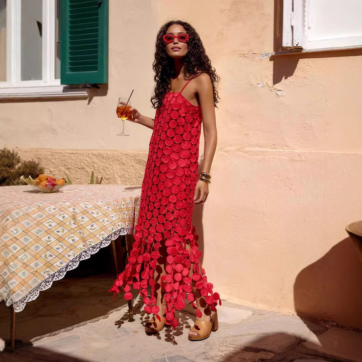 Women's maxi dress with decorative crochet applications and side slits Lune London