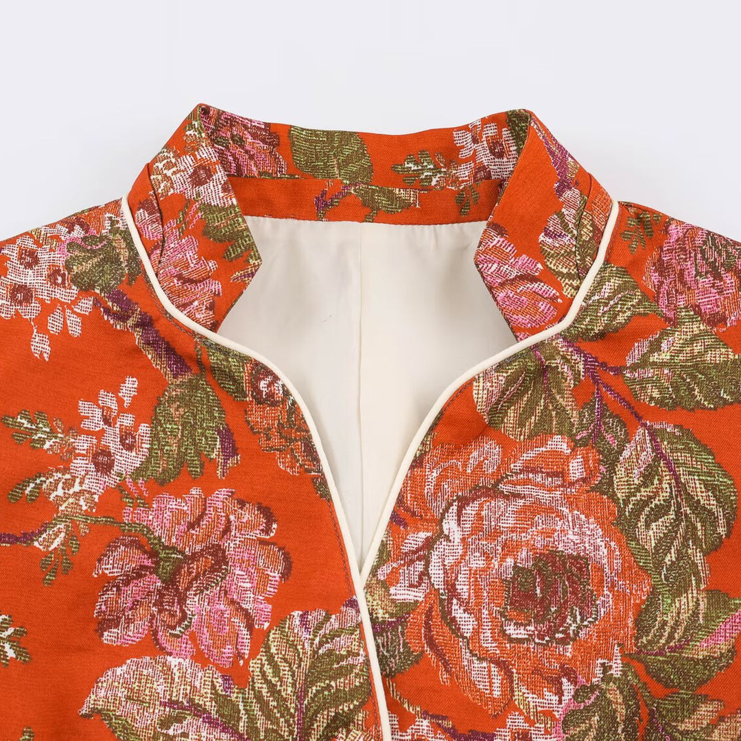 Women's short blazer in brocade jacquard with stand-up collar and piped edge Amarae