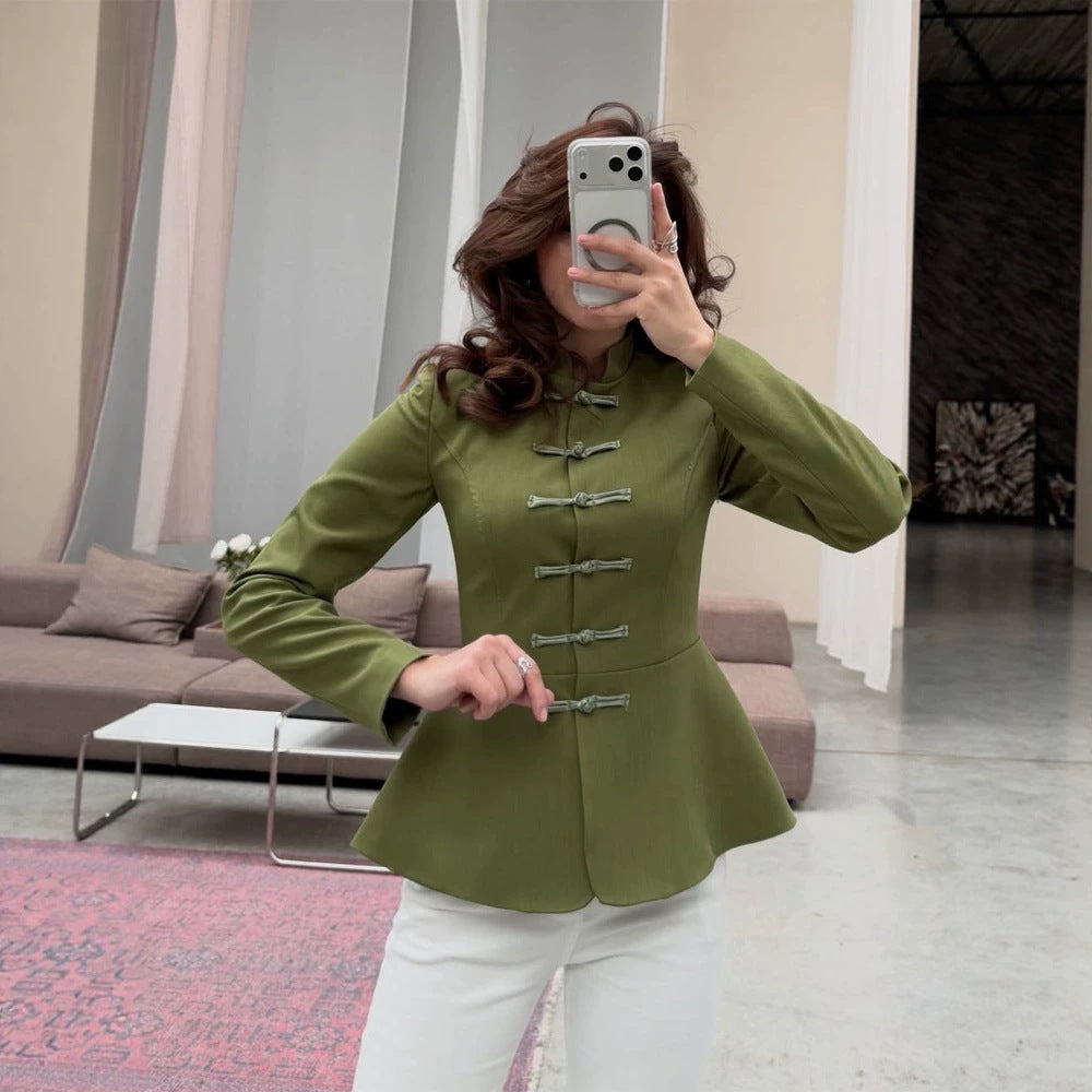 Women's Tailored Military-Inspired Jacket with Stand Collar, Drawstring Closures, and Peplum