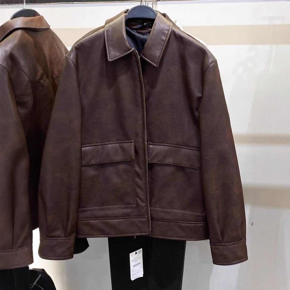 Men's Short Smooth Leather Blouson Jacket with Concealed Zipper and Flap Pockets Amarae
