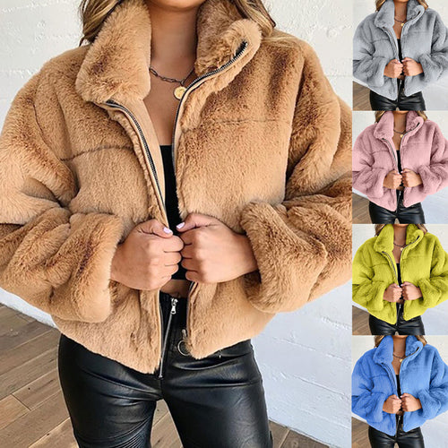 Ladies Trendy Plush Coat with High Collar Amarae