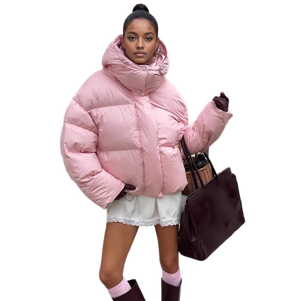 Women's short oversized quilted down jacket with hood and high stand-up collar Amarae