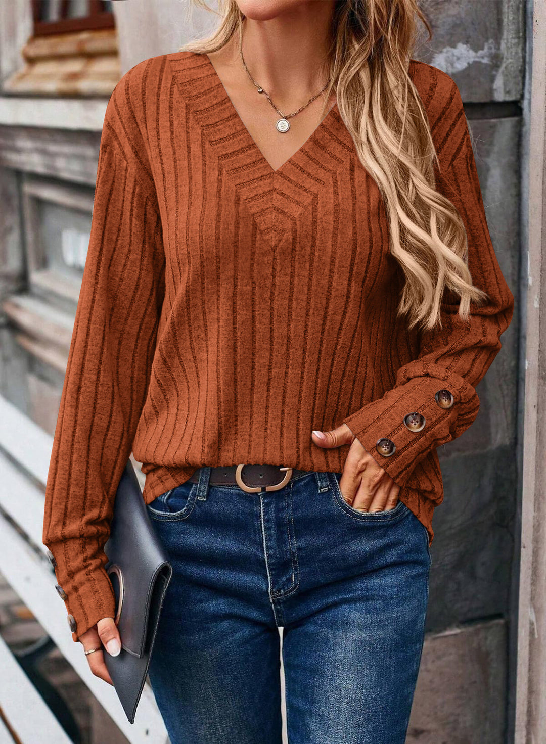 Women's Ribbed V-Neck Knit Sweater with Button Cuffs Amarae
