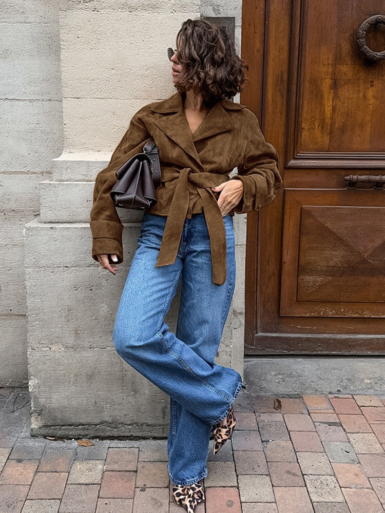 Women's short blazer in suede look with tie belt and boxy silhouette Amarae