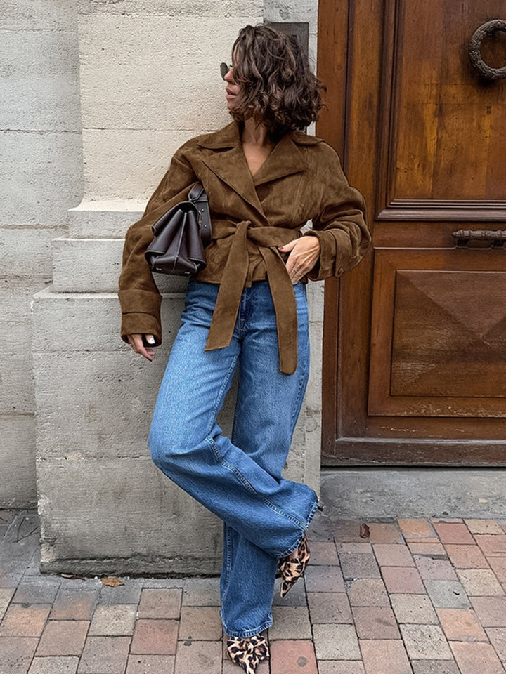 Women's short blazer in suede look with tie belt and boxy silhouette Amarae