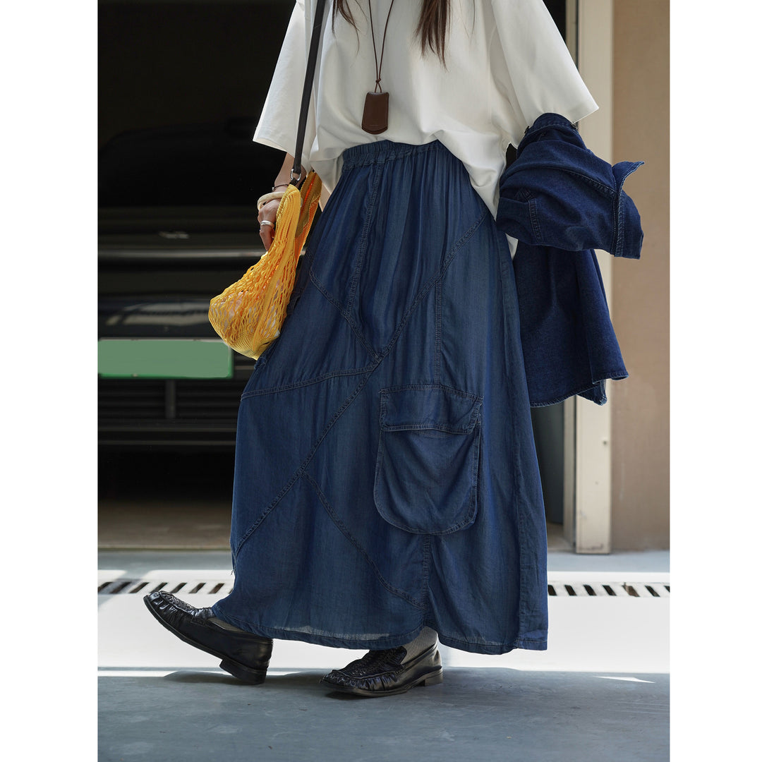 Women's Long Denim Maxi Skirt with Elastic Drawstring Waistband and Attached Cargo Pocket Amarae