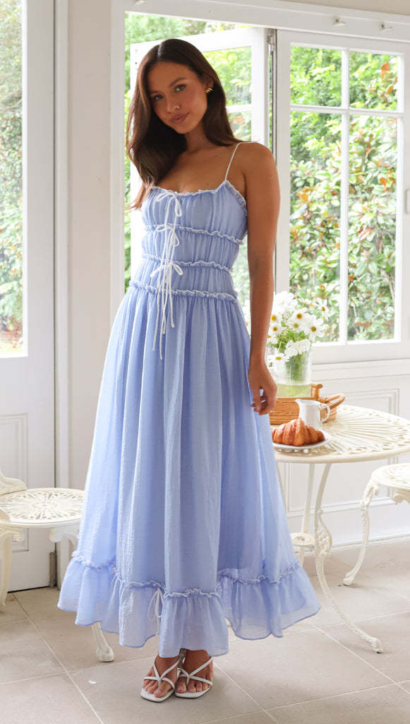 Ladies' maxi dress with ruffle details and adjustable straps Lune London