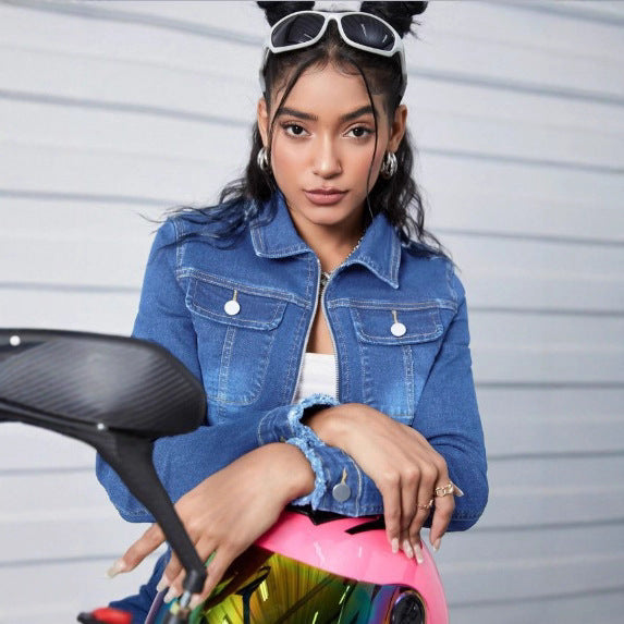 Women's cropped fitted denim jacket with zipper and raw hem Amarae