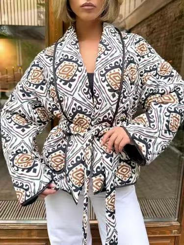 Women's quilted kimono jacket with graphic ethnic print and waist belt Amarae