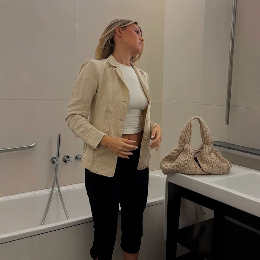 Women Lightweight Structured Linen Blazer with Relaxed Fit, One-Button Closure & Flap Pockets Amarae