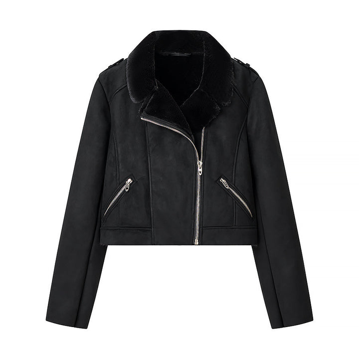 Women's short-cut biker jacket with teddy lining and wide lapel collar Amarae