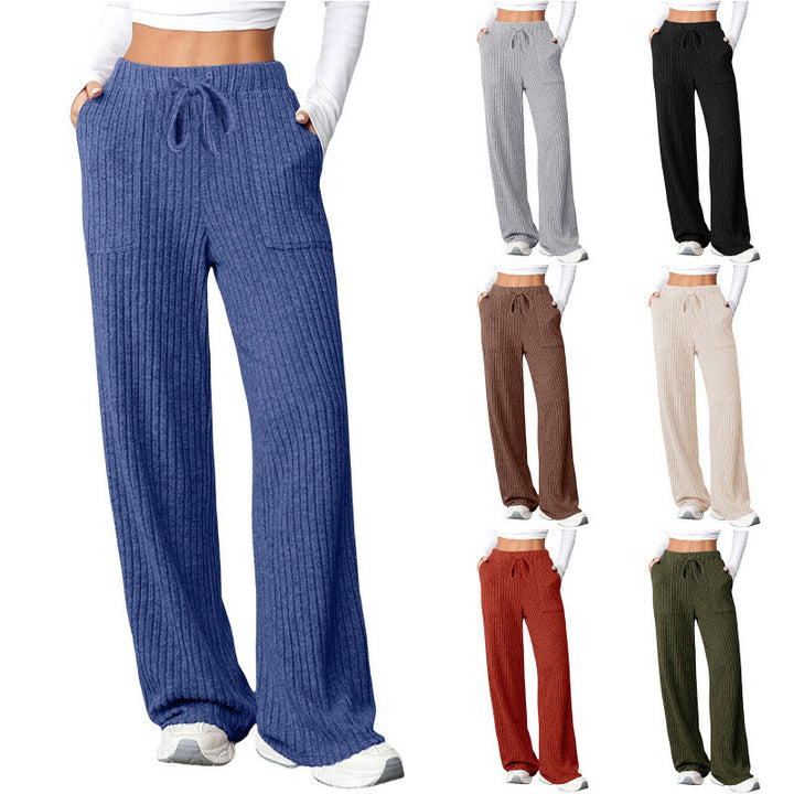 Ladies Wide Ribbed Lounge Pants with Drawstring and Patch Pockets Amarae
