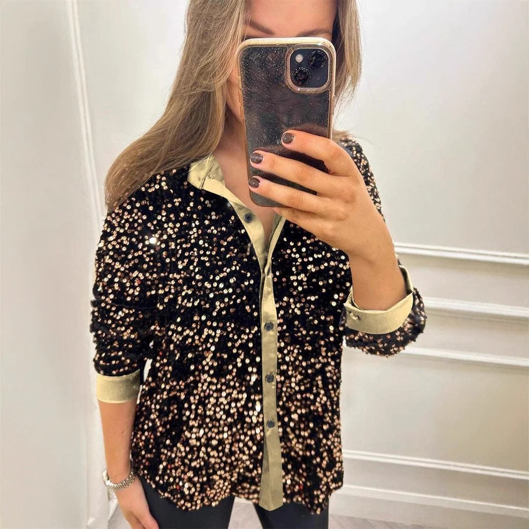 Women Glittering Blouse Made Of Sequins with Classic Collar Lune London