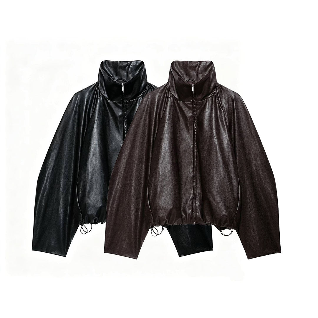 Women's Oversize Jacket in Leather Look with High Funnel Collar, Raglan Sleeves and Drawstring Hem Amarae