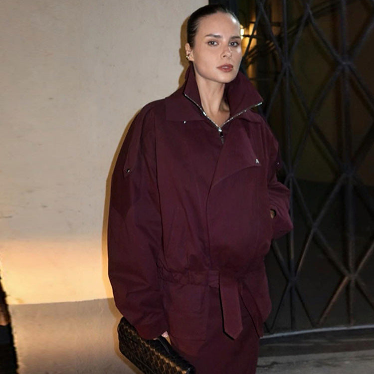 Ladies modern Oversized jacket with high collar and belt at the waist Lune London