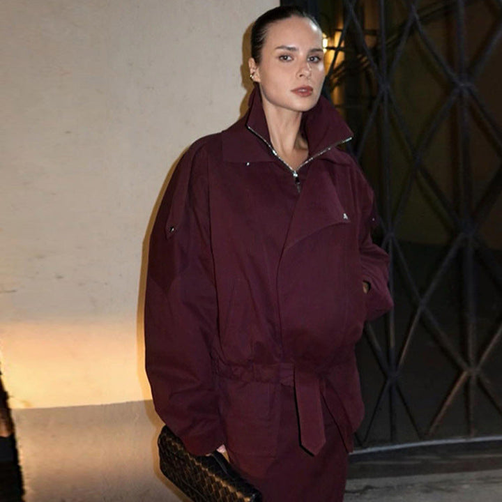 Ladies modern Oversized jacket with high collar and belt at the waist Lune London