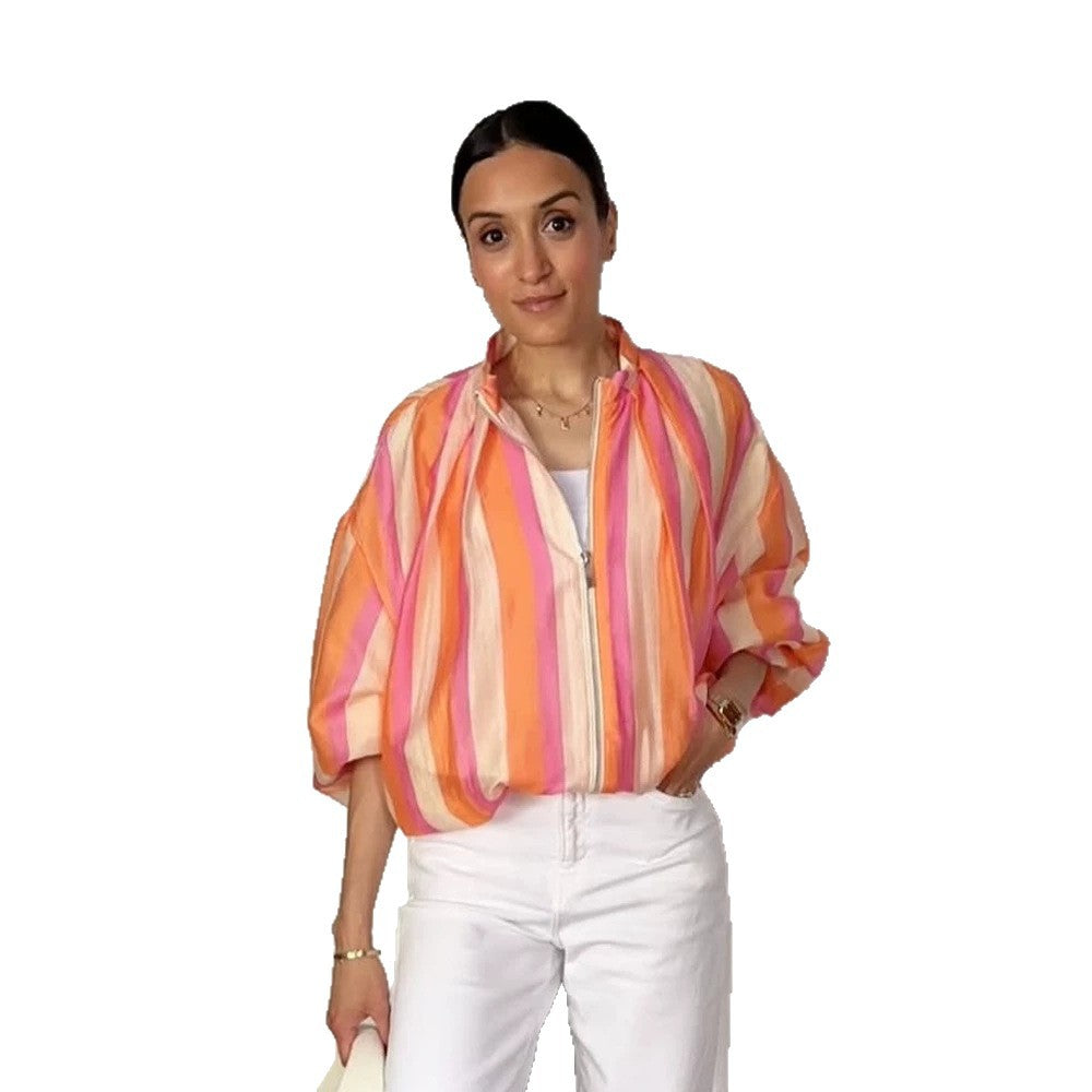 Women's Striped Lightweight Bomber Jacket with Balloon Sleeves and Stand Collar Amarae