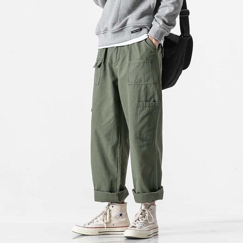 Men's loose cotton cargo pants in baggy cut with multifunctional pockets and rolled hem Amarae