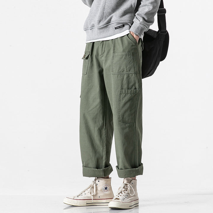 Men's loose cotton cargo pants in baggy cut with multifunctional pockets and rolled hem Amarae
