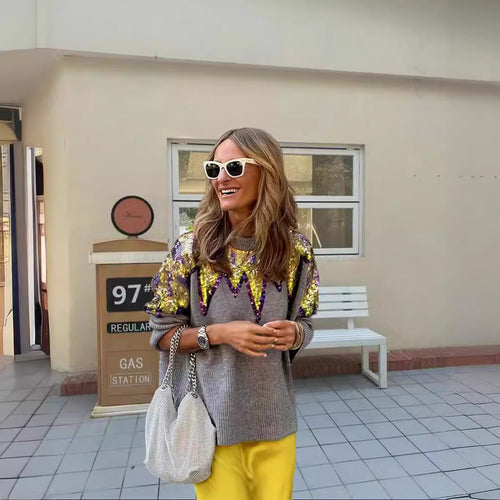 Ladies Glittering Oversized Sweater with Unique Design and Sparkling Details Amarae