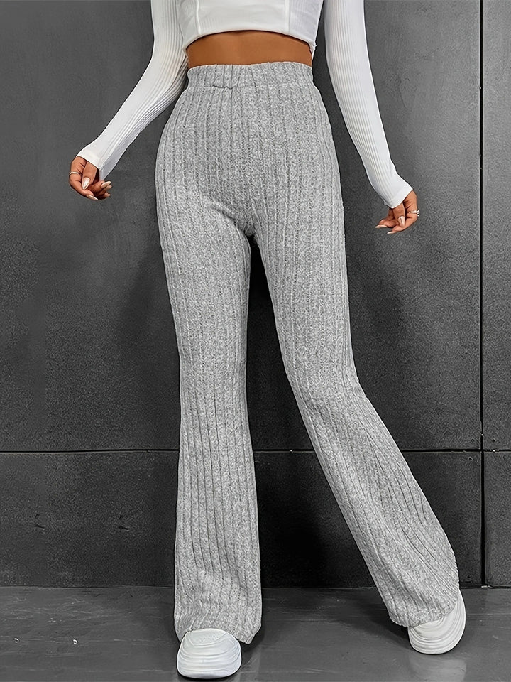 Ladies Comfortable Flared Knit Pants with High Waist and Ribbed Structure Lune London