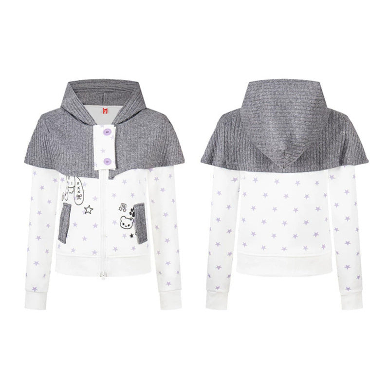 Women's hooded sweatshirt jacket with removable knitted cape, star print and front zipper Amarae