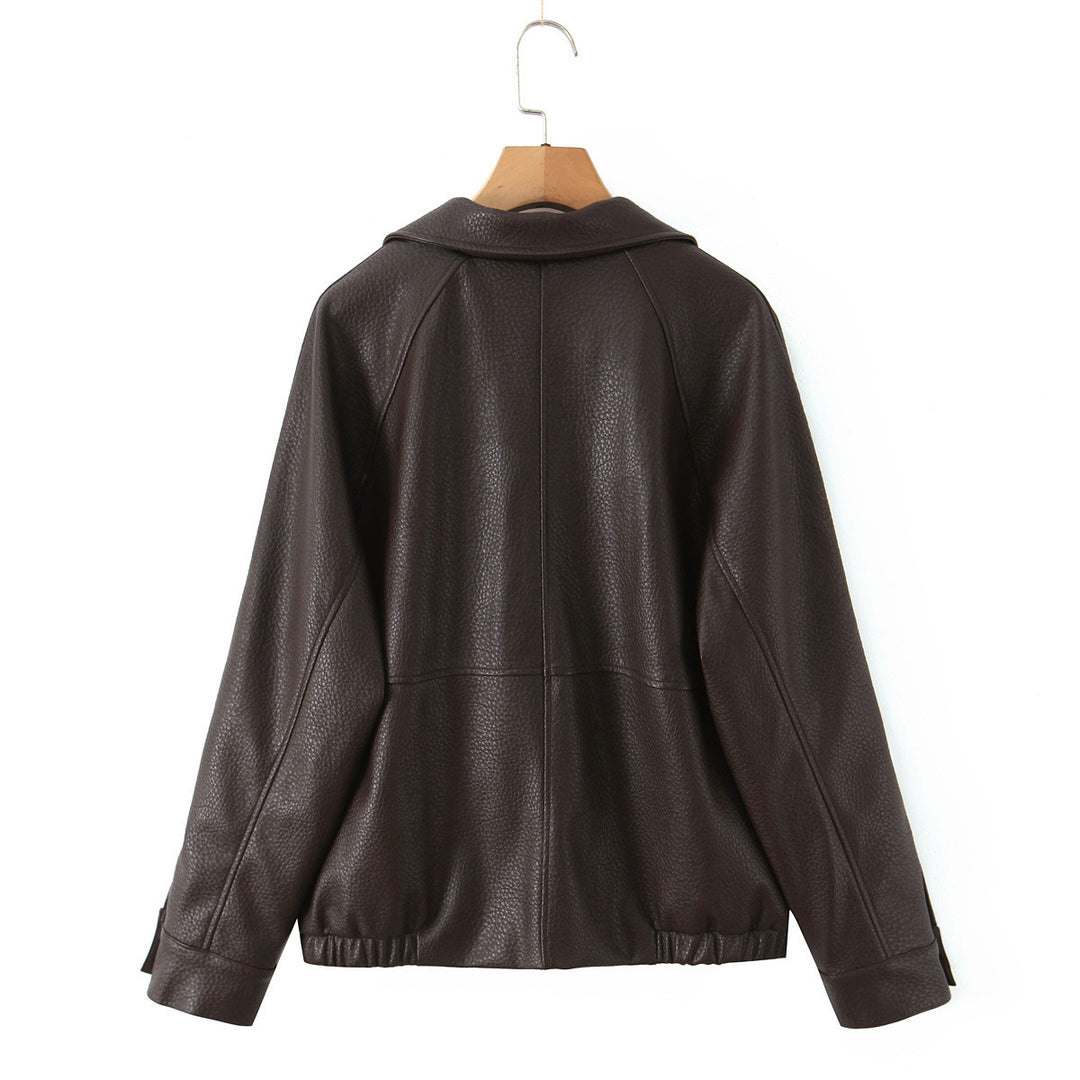 Elegant synthetic leather jacket for women with double-breasted buttons and wide lapels Lune London