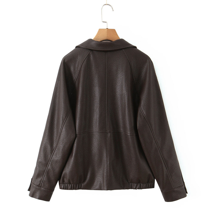 Elegant synthetic leather jacket for women with double-breasted buttons and wide lapels Lune London