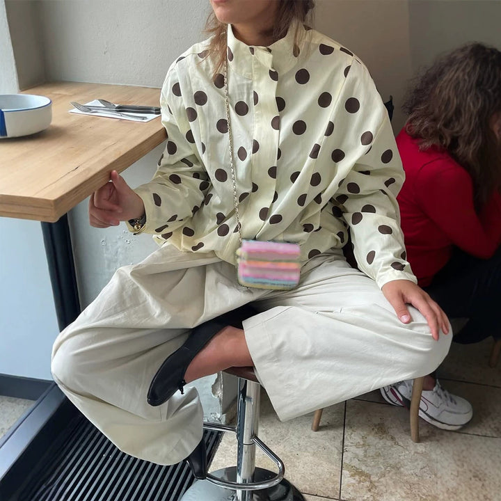 Women's Boxy Shirt Jacket with Stand Collar, Balloon Sleeves and Large Polka Dot Print Amarae